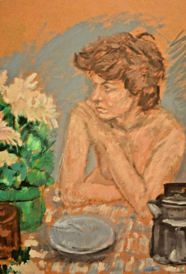 Georg Eisler Vintage Signed Semi Nude Female Figure Floral Still Life Interior Portrait Painting Dat - 11
