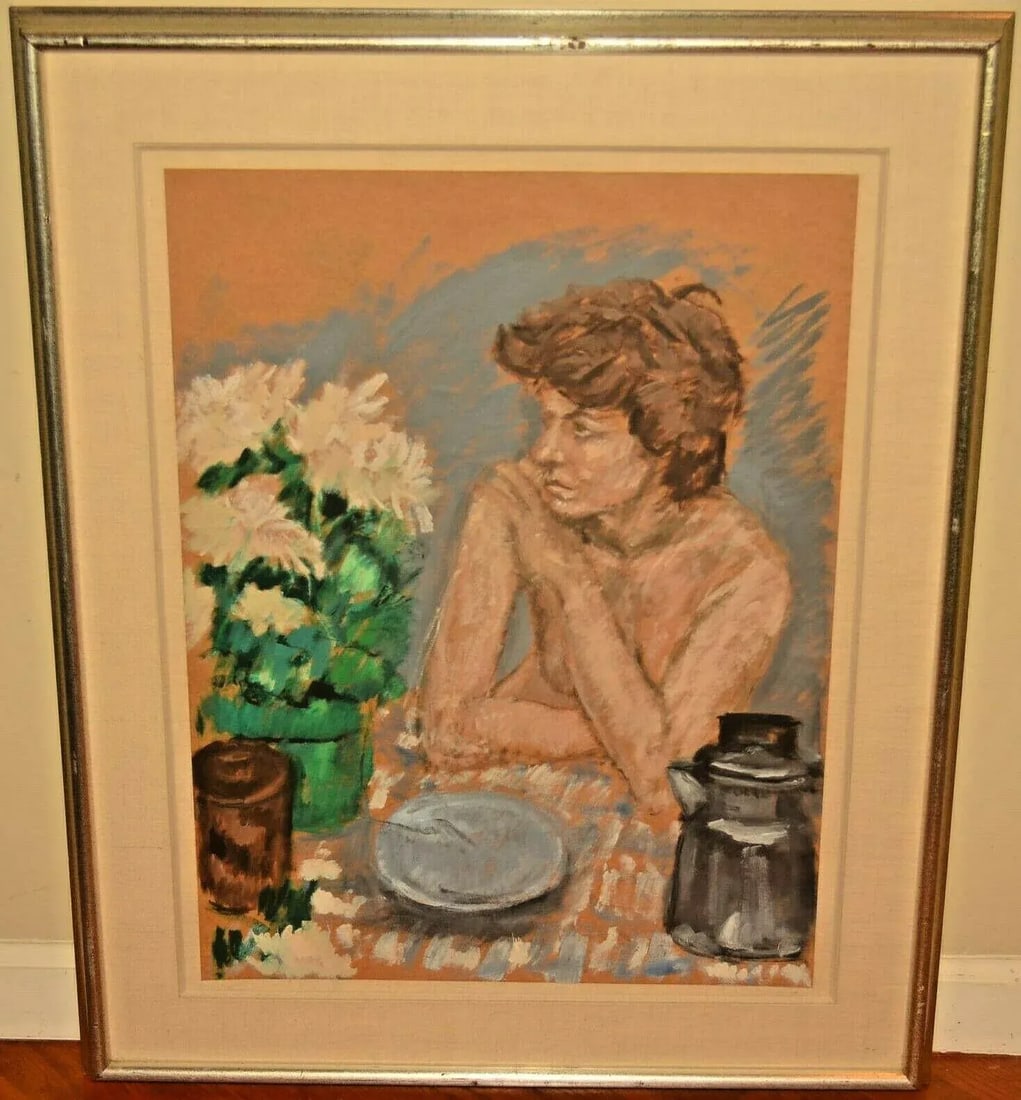 Georg Eisler Vintage Signed Semi Nude Female Figure Floral Still Life Interior Portrait Painting Dat - 12