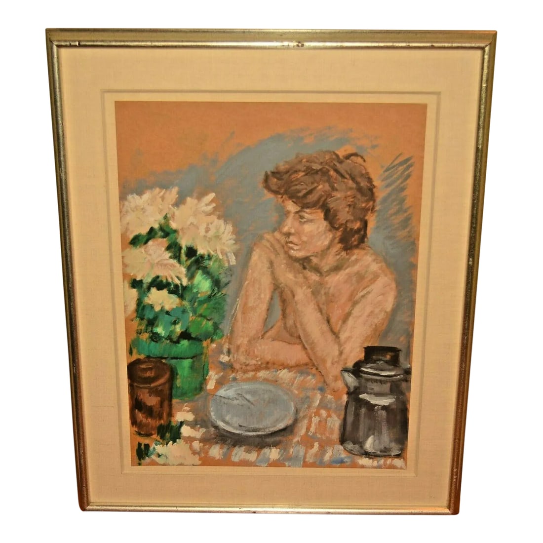 Georg Eisler Vintage Signed Semi Nude Female Figure Floral Still Life Interior Portrait Painting Dat: GEORG EISLER Original Vintage Signed Female Figure Floral Still Life Portrait Painting in Gilt Gallery Frame Dated Circa 1982 FREE SHIPPING This is A Rare & Original Vintage Gouache Painting that was