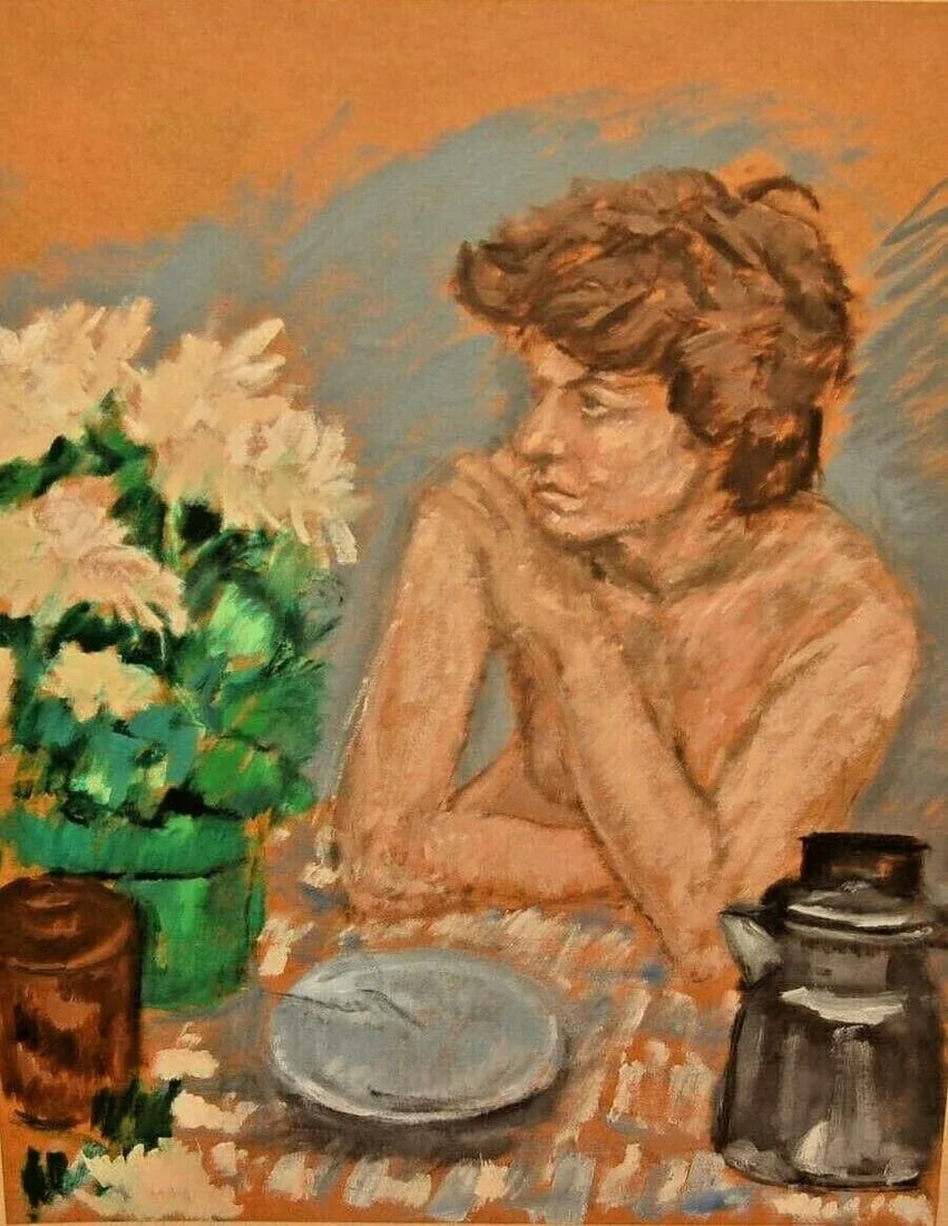 Georg Eisler Vintage Signed Semi Nude Female Figure Floral Still Life Interior Portrait Painting Dat - 2