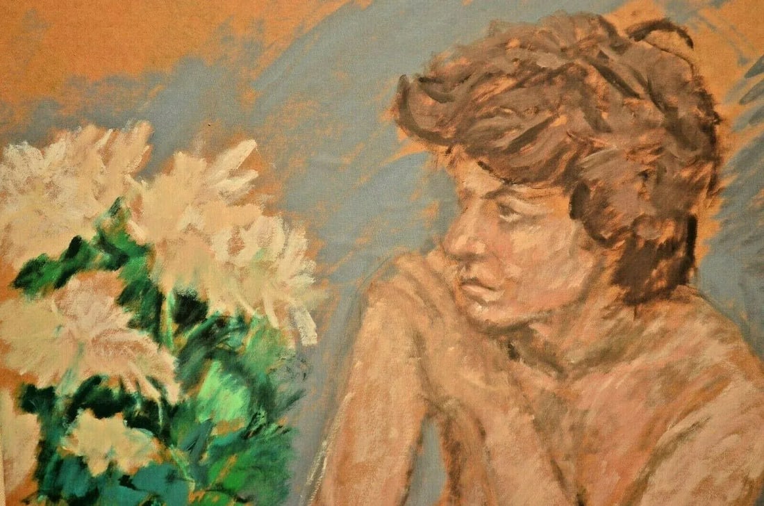 Georg Eisler Vintage Signed Semi Nude Female Figure Floral Still Life Interior Portrait Painting Dat - 3