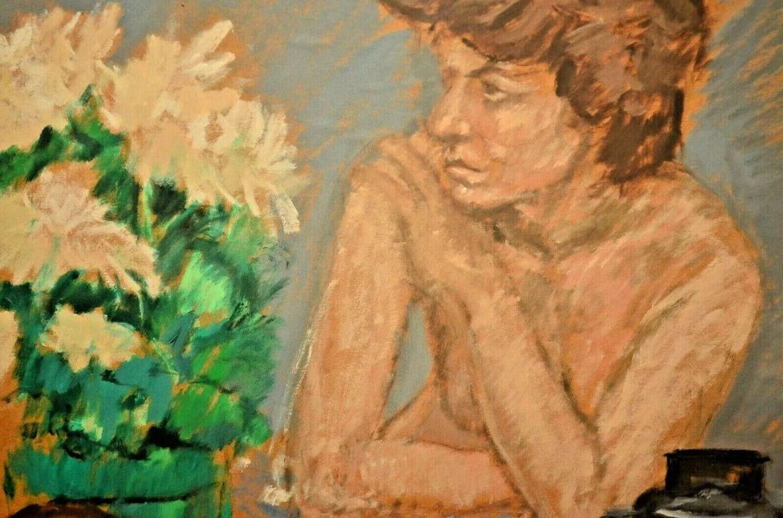 Georg Eisler Vintage Signed Semi Nude Female Figure Floral Still Life Interior Portrait Painting Dat - 5