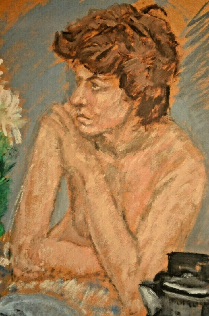 Georg Eisler Vintage Signed Semi Nude Female Figure Floral Still Life Interior Portrait Painting Dat - 6