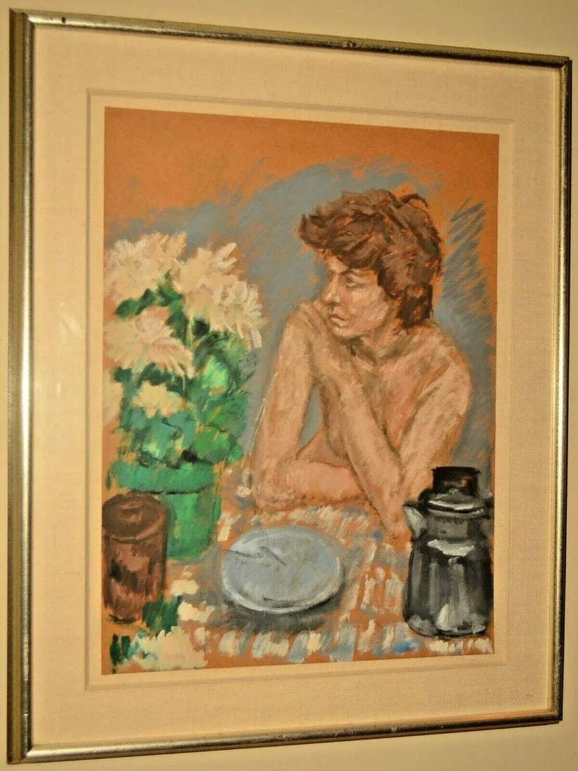 Georg Eisler Vintage Signed Semi Nude Female Figure Floral Still Life Interior Portrait Painting Dat - 8
