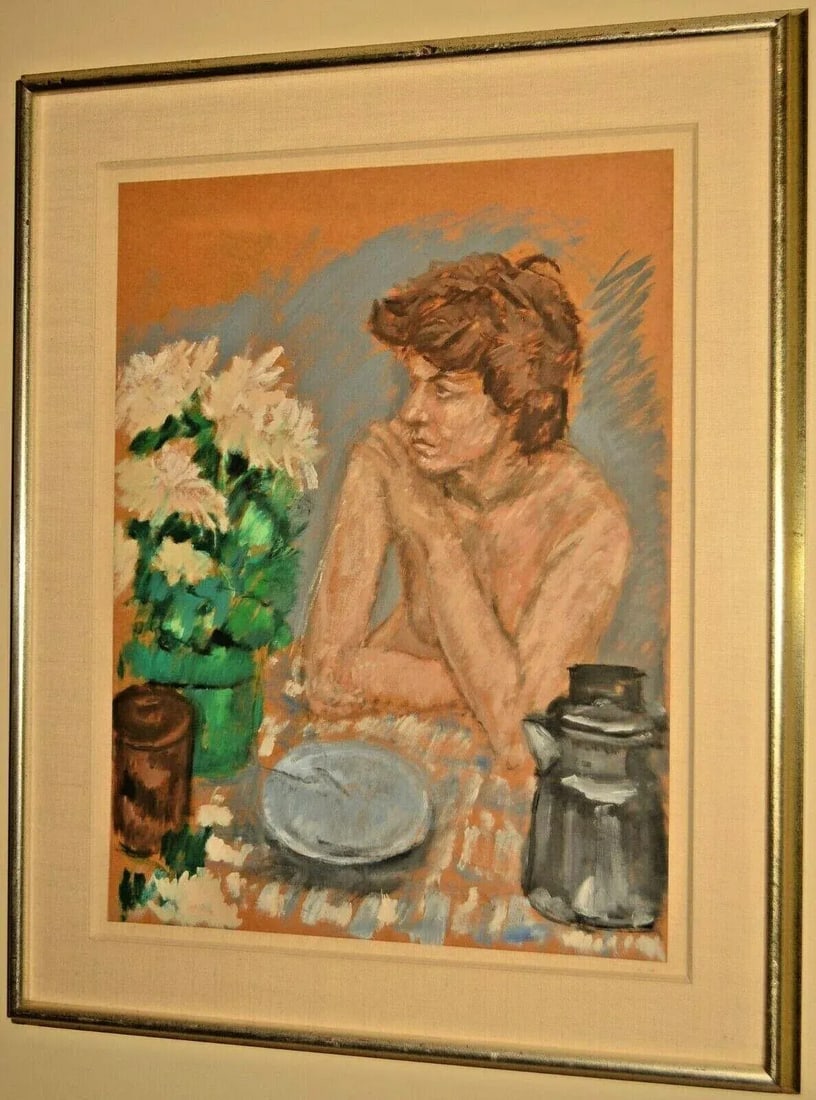 Georg Eisler Vintage Signed Semi Nude Female Figure Floral Still Life Interior Portrait Painting Dat - 9