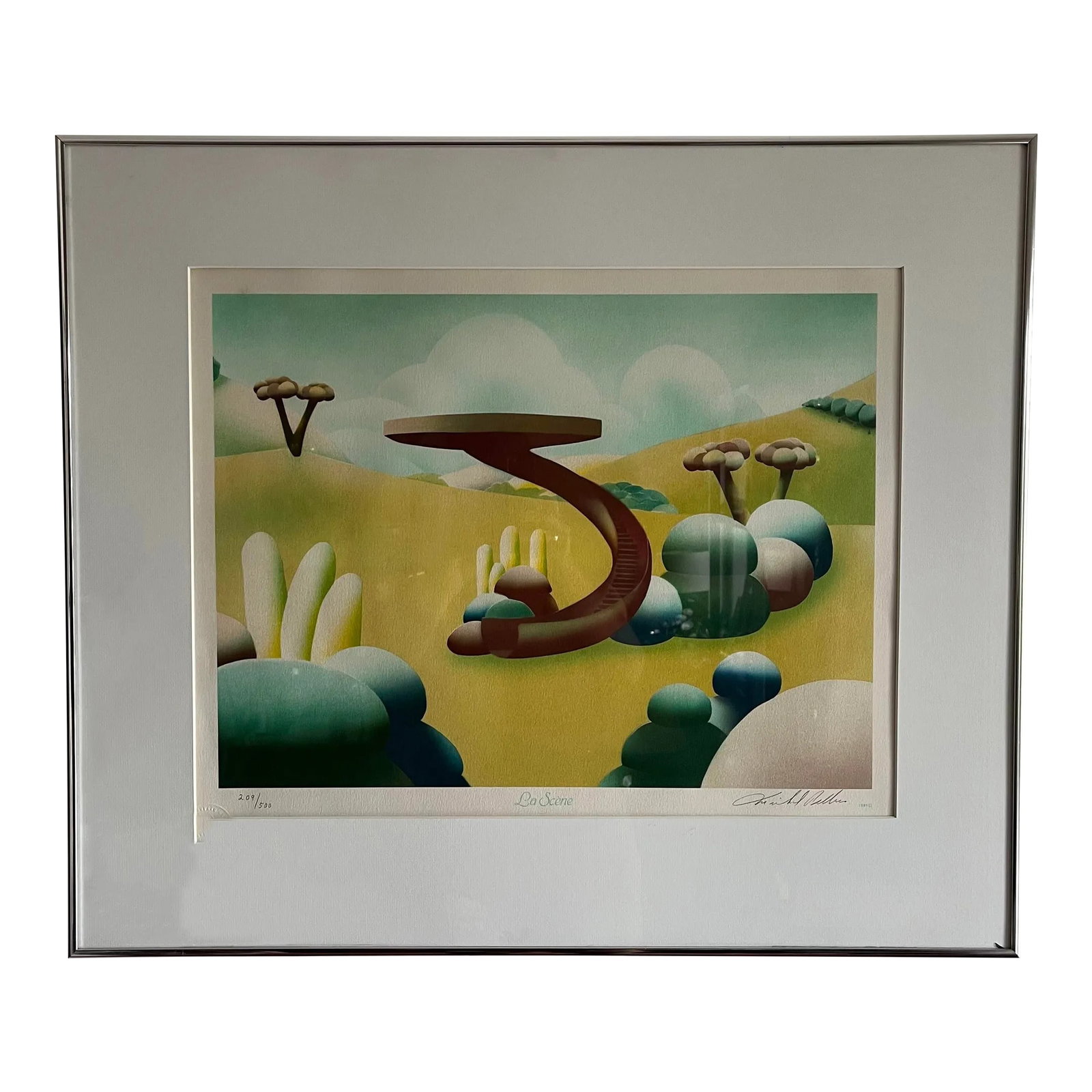 1980s "La Scene" Postmodern Landscape Limited Edition Lithograph by Michel Pellus, Framed: Original signed and number limited edition lithograph by Michel Pellus. Numbered: 209/500 Titled: La Scene Dated 1981 "With an artistic career spanning more than 40 years, Michel Pellus has a long-est