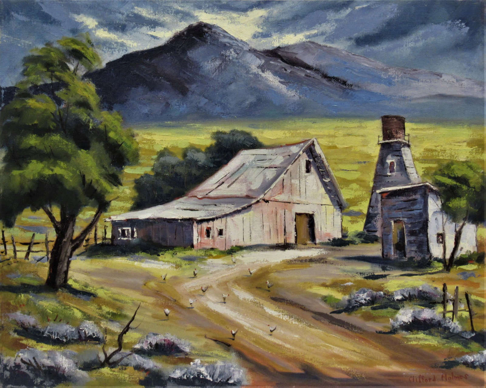 Clifford Holmes, Landscape with barn, California, Circa 1950: This artwork "Landscape with Barn, California" c.1950 is an oil painting on canvas by noted California artist Clifford Holmes 1876-1963. It is signed at the lower right corner by the artist. The canva