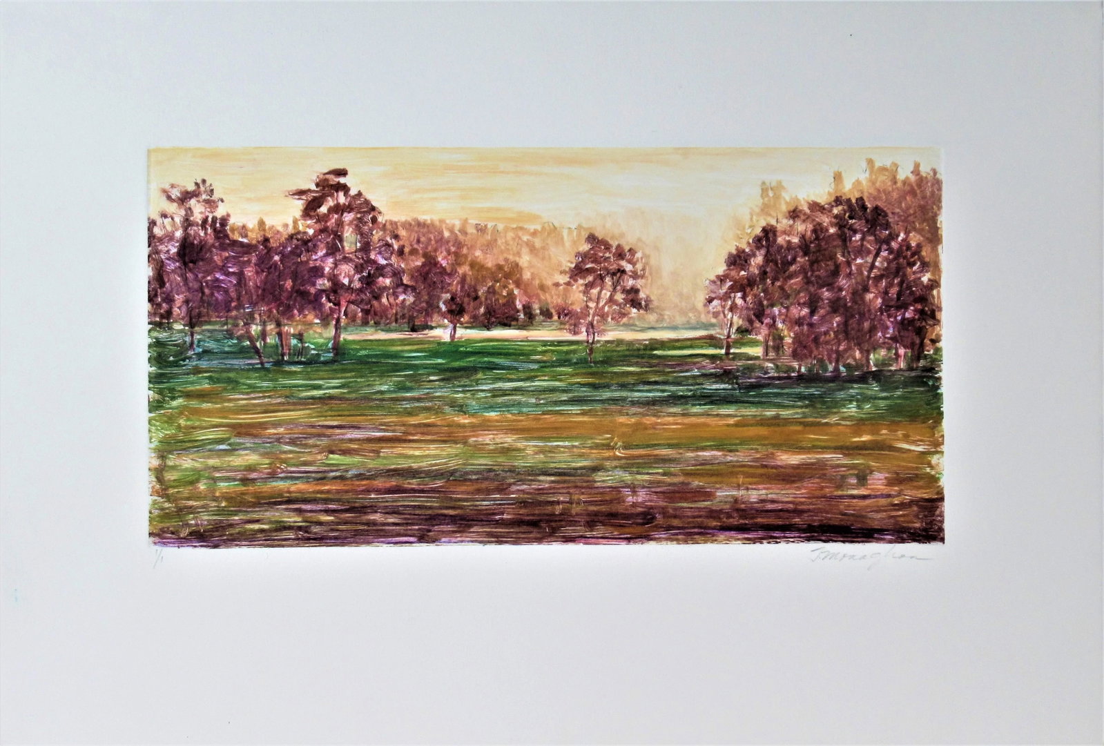 Thomas Monaghan, Landscape #IV: This artwork "Landscape #IV' c.2000 is an original color monotype by American artist Thomas (Tom) Monaghan, b. 1961. It is hand signed and numbered 1/1 in pencil by the artist. The image (plate mark)