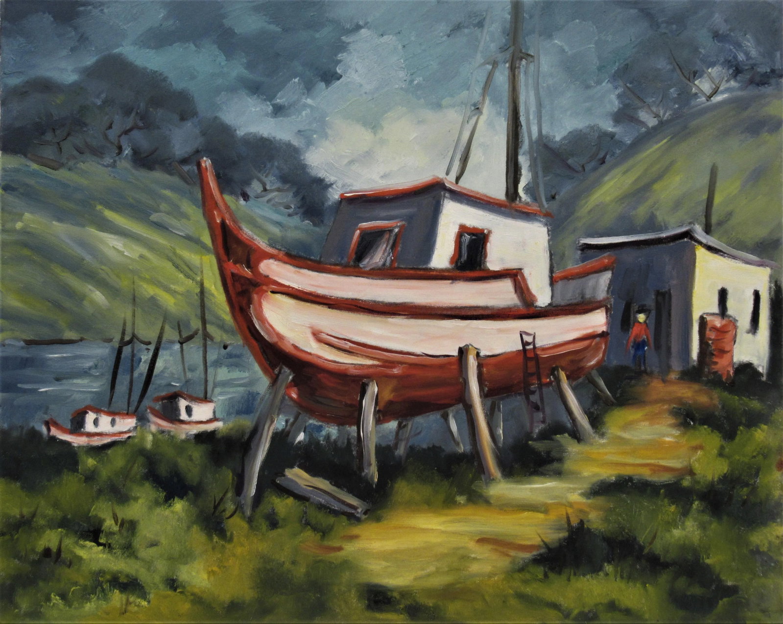 Clifford Holmes, Landscape with Boats, Circa 1950: This artwork "Lanscape with Boats" c.1950 is an oil painting on canvas by noted California artist Clifford Holmes 1876-1963. It is inscribed "Clifford Holmes" on the back on the stretcher. The canvas 