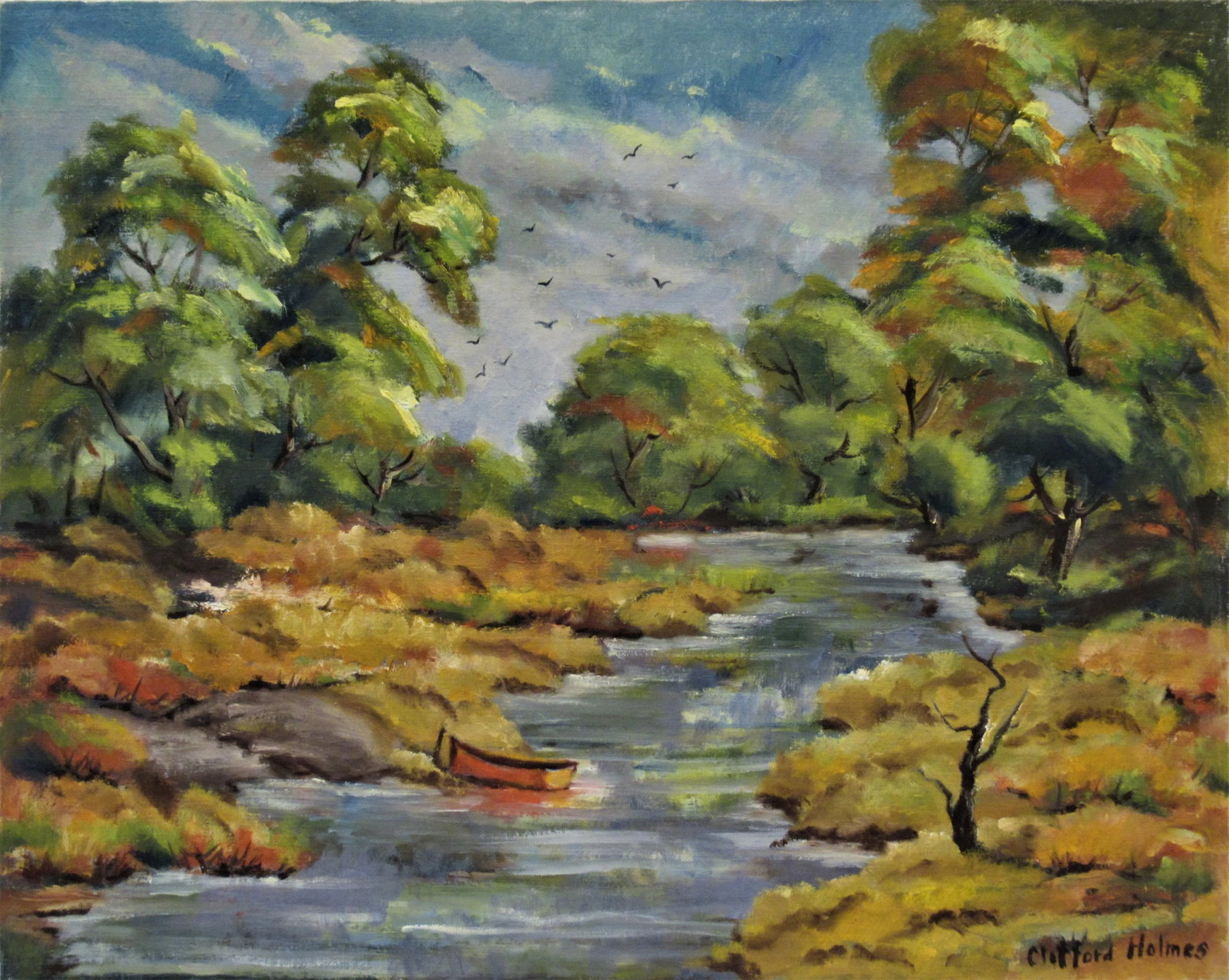 Clifford Holmes, Landscape with River, California, Circa 1950: This artwork titled "Landscape with River, California, in the Afternoon" c.1950 is an oil painting on canvas by noted California artist Clifford Holmes 1876-1963. It is signed at the lower right corne