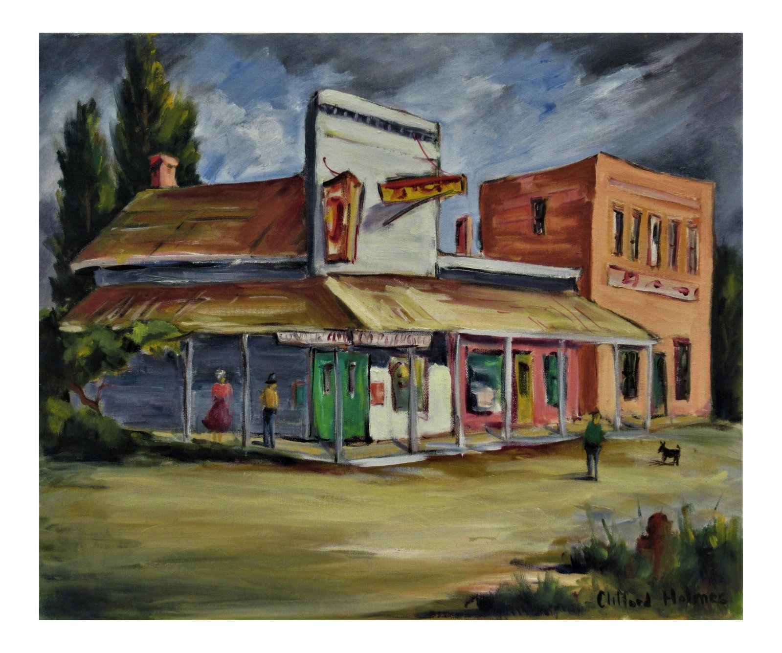 Clifford Holmes, The Corner Store, Near Mendocino, Circa 1950: This artwork titled "The Corner Store, Near Mendocino" c.1950 is an oil painting on canvas by noted California artist Clifford Holmes 1876-1963.Signed at the lower right corner by the artist. The