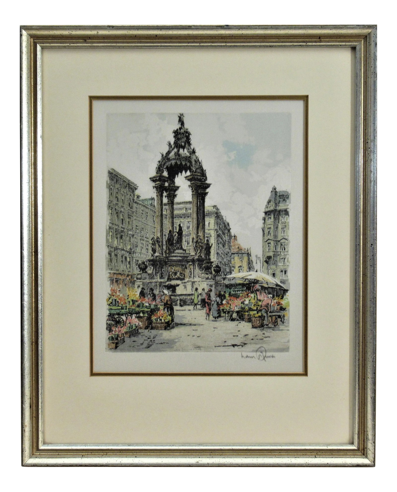 Hans Figura, Flowers Market: Artist: Hans Figura (Austrian, 1898-1978) Title: Marche aux Fleurs Year: Circa 1950 Medium: Color etching with aquatint Edition: Unknown Plate mark (Image) size: 8.5 x 6.5 inches Framed size: 15.65 x