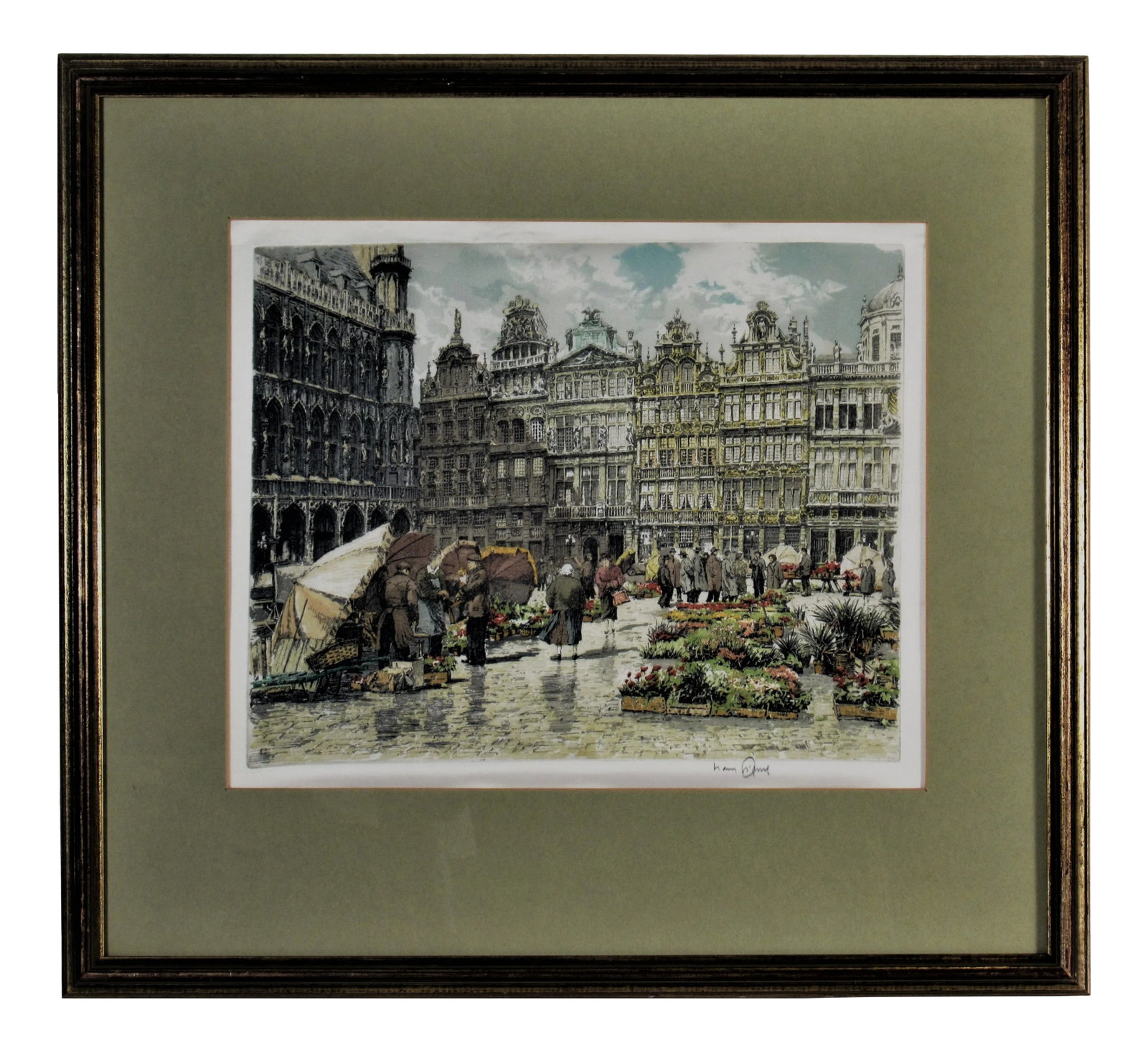 Hans Figura, Flower Market, Circa 1950: Artist: Hans Figura (Austrian, 1898-1978) Title: Flower Market Year: Circa 1950 Medium: Color etching with aquatint on silk Edition: Unknown Plate mark (Image) size: 10 x 12.75 inches Framed size: 18.