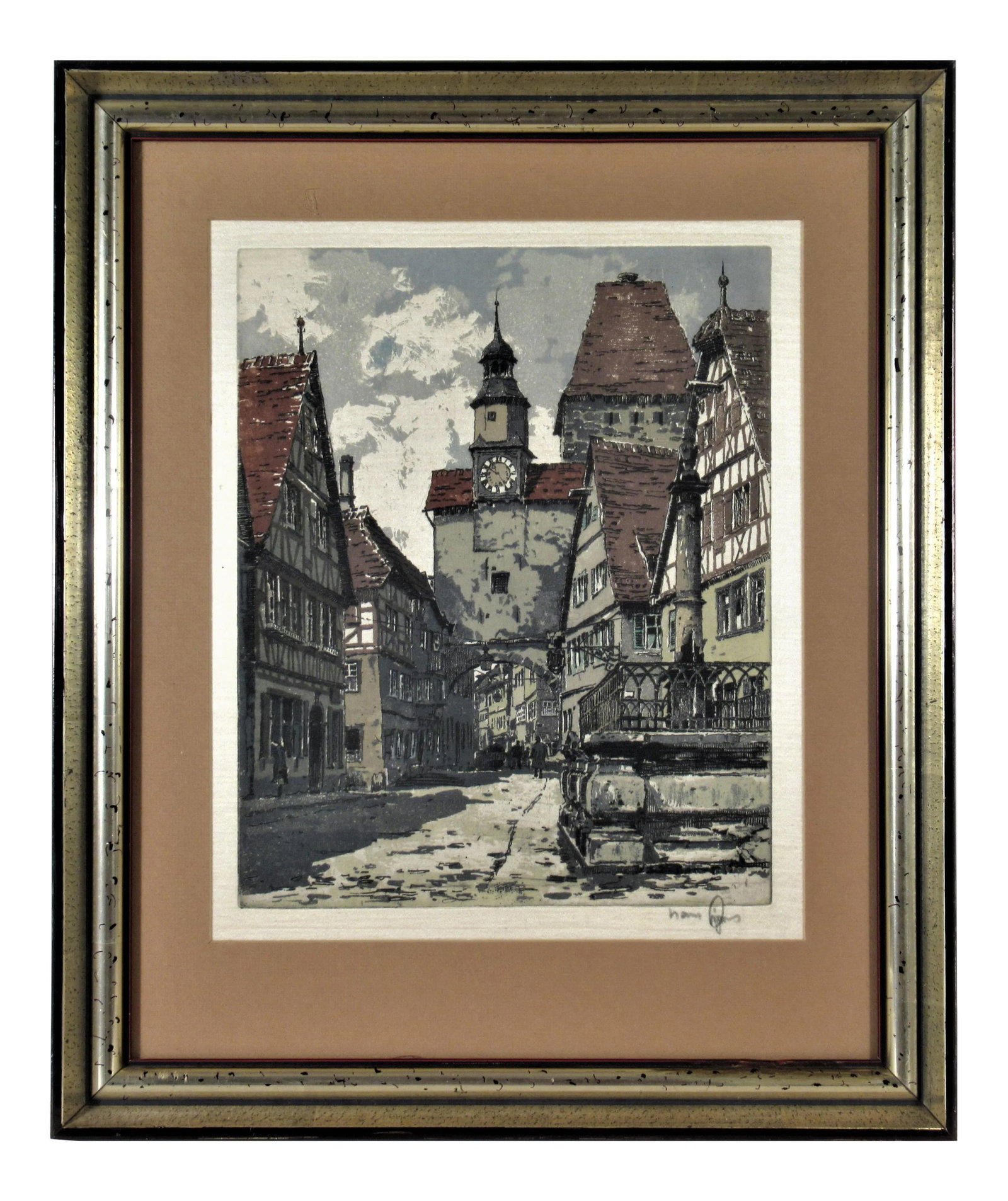 Hans Figura, Rothenburg, Germany, Circa 1950: Artist: Hans Figura (Austrian, 1898-1978) Title: Rothenburg, Germany Year: Circa 1950 Medium: Color etching with aquatint Edition: Unknown Paper: Printed on silk Plate mark (Image) size: 10.65 x 8.5