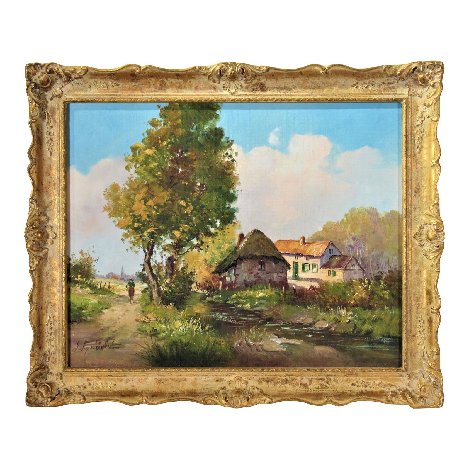 Gustav Pynaert, Belgian Landscape, c.1960: This artwork "Belgian Landscape" c.1960 is an oil painting on canvas board by Belgian artist Gustav Pynaert, 1900-1968. It is signed at the lower left corner by the artist. The canvas board size is 16