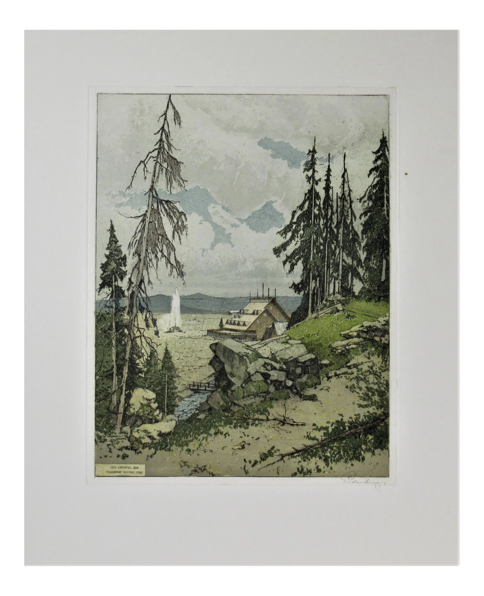 Josef Eidenberger, Old Faithful Inn, Yellowstone National Park: This artwork titled "Faithful Inn, Yellowstone National Park" c.1970 is a color etching on Wove paper by noted Austrian artist Josef Eidenberger, 1899-1991. It is hand signed in pencil by the artist.