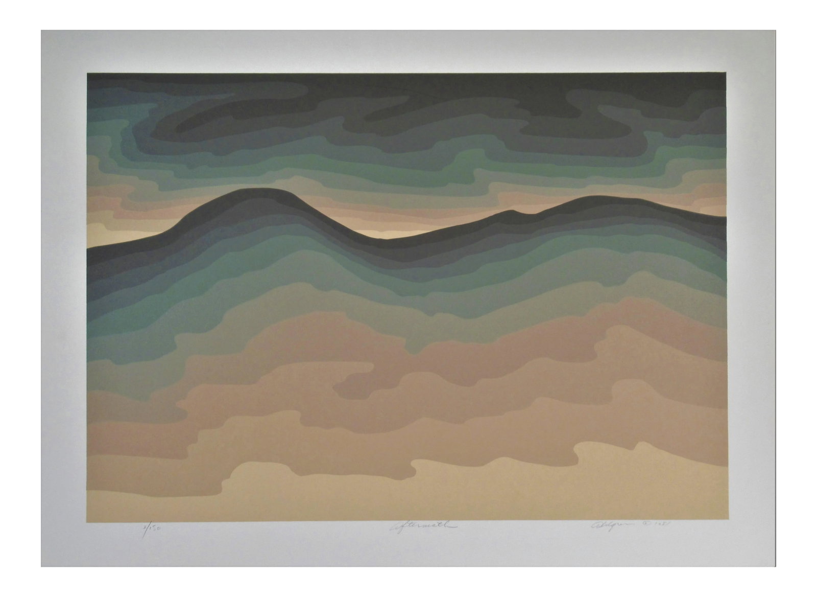Roy Ahlgren, Aftermath, 1981: This artwork titled "Aftermath" 1981 is a color serigraph on Wove paper by noted American artist Roy Ahlgren, 1927-2011 It is hand signed, titled, dated and numbered 2/150in pencil by the artist. The 