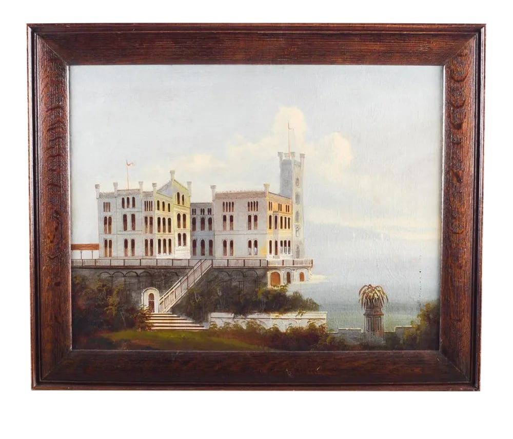 19th Century "Castle on a Lake" European School Oil Painting, Framed (1 of 5)