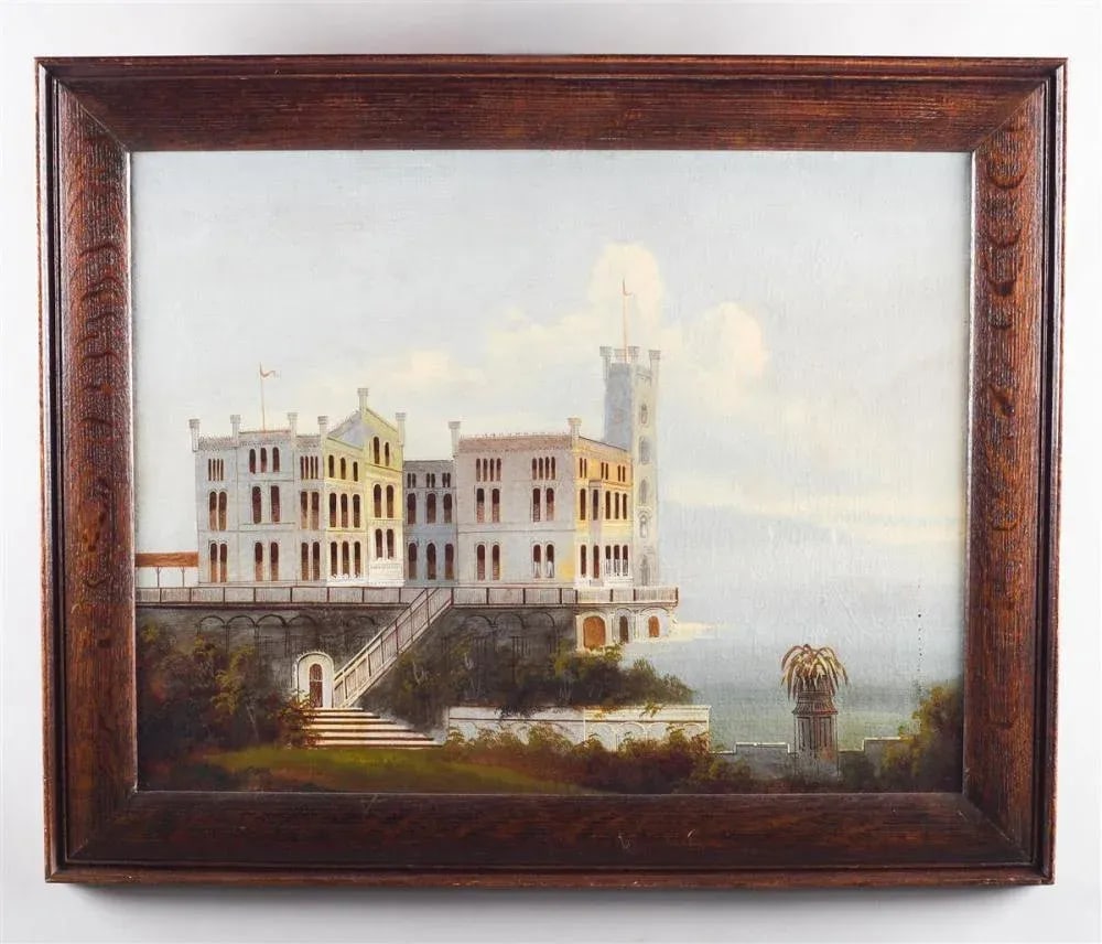 19th Century "Castle on a Lake" European School Oil Painting, Framed - 5