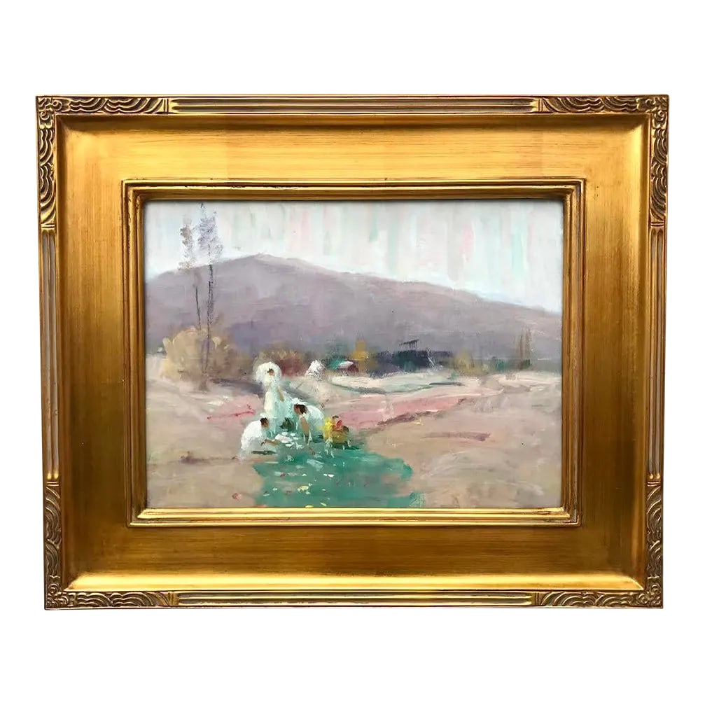 American Impressionist Landscape Spring Time by Harry Barton: Original Vintage American Impressionist oil painting "Spring Time Flowers" by Harry Barton. Oil on panel provenance is from the estate of the artist with estate stamp signature on verso. Presented fra