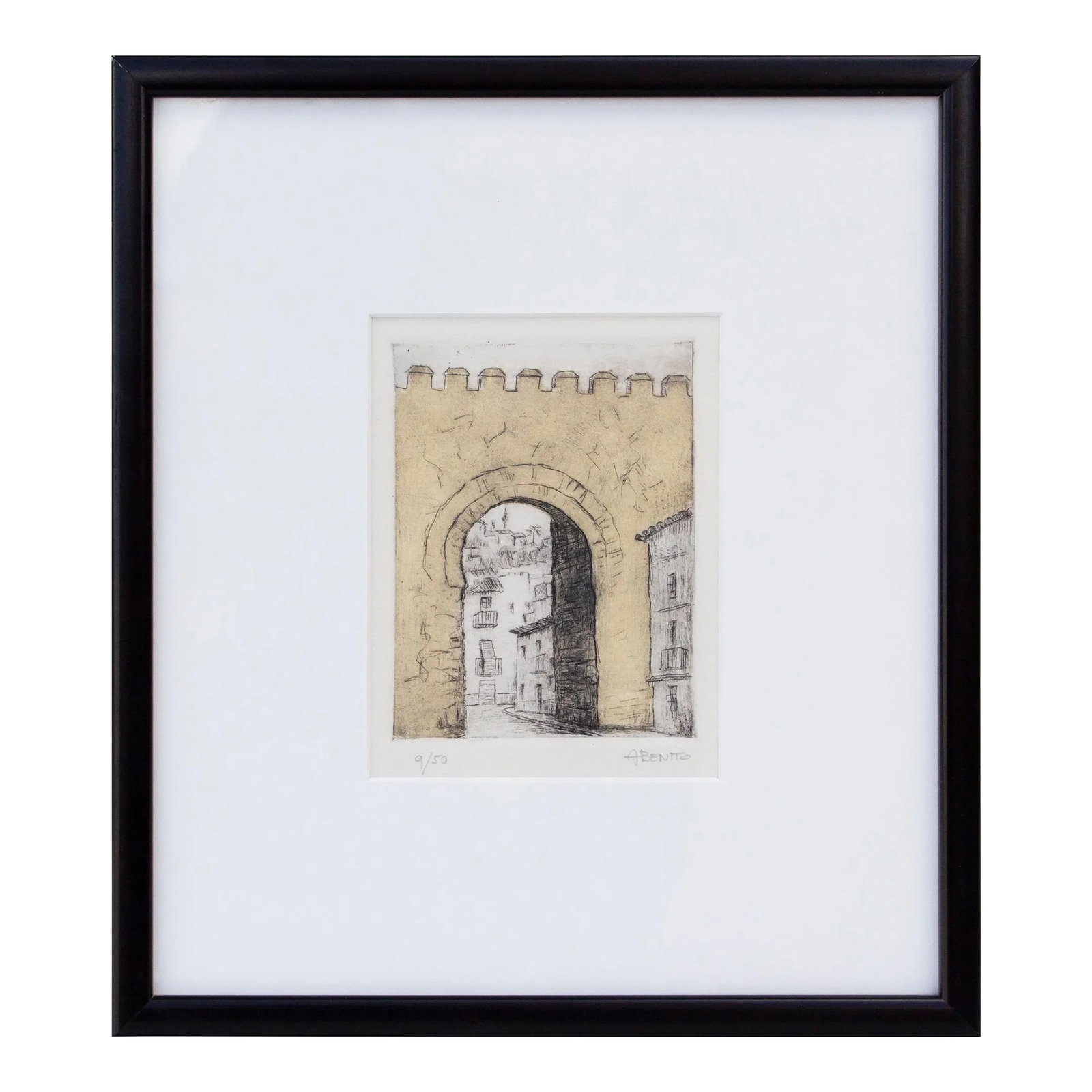 'Puerto De Elvira' Edition 9/50, Signed Abenito: 'Puerto de Elvira' Edition 9/50, signed Abenito. Depicted is a view of the Puerto de Elvira, built around the 11th century as the main access gate to the city of Granada, Spain. It's one of the few