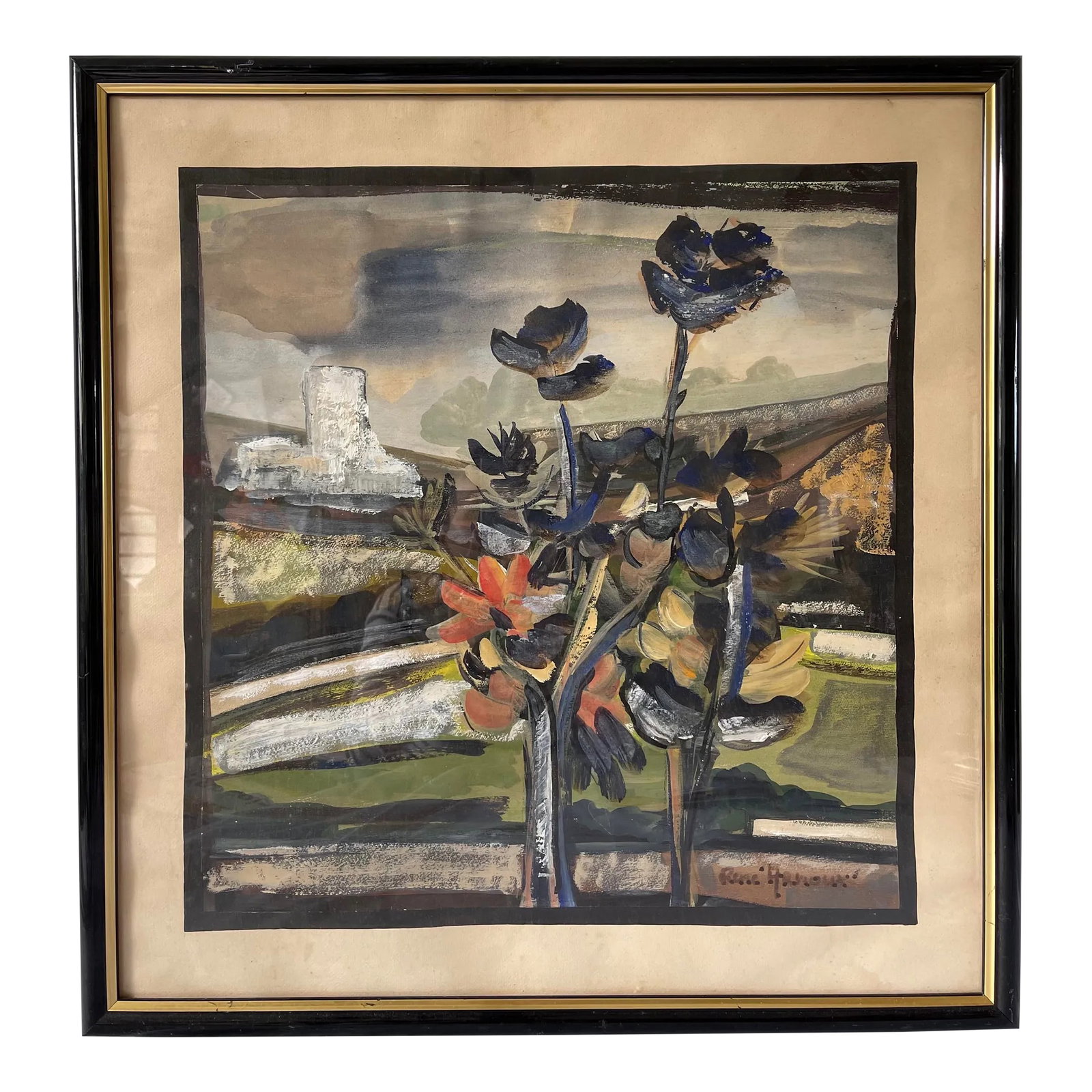 1980s Abstract Floral Still Life Watercolor Painting Signed Rene Haroux, Framed: Watercolor flowers in landscape year 80 signed Rene Haroux In the foreground blue flowers are represented enhanced by an orange flower. In the background a landscape and an architectural work of