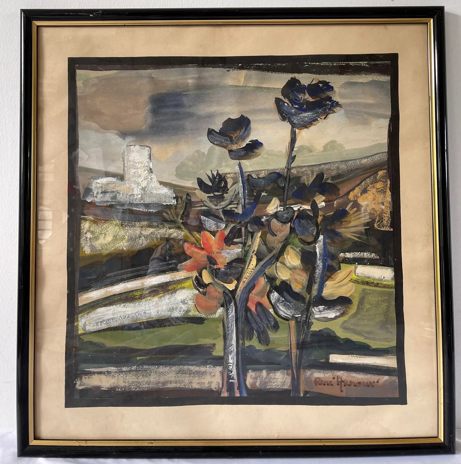 1980s Abstract Floral Still Life Watercolor Painting Signed Rene Haroux, Framed - 2