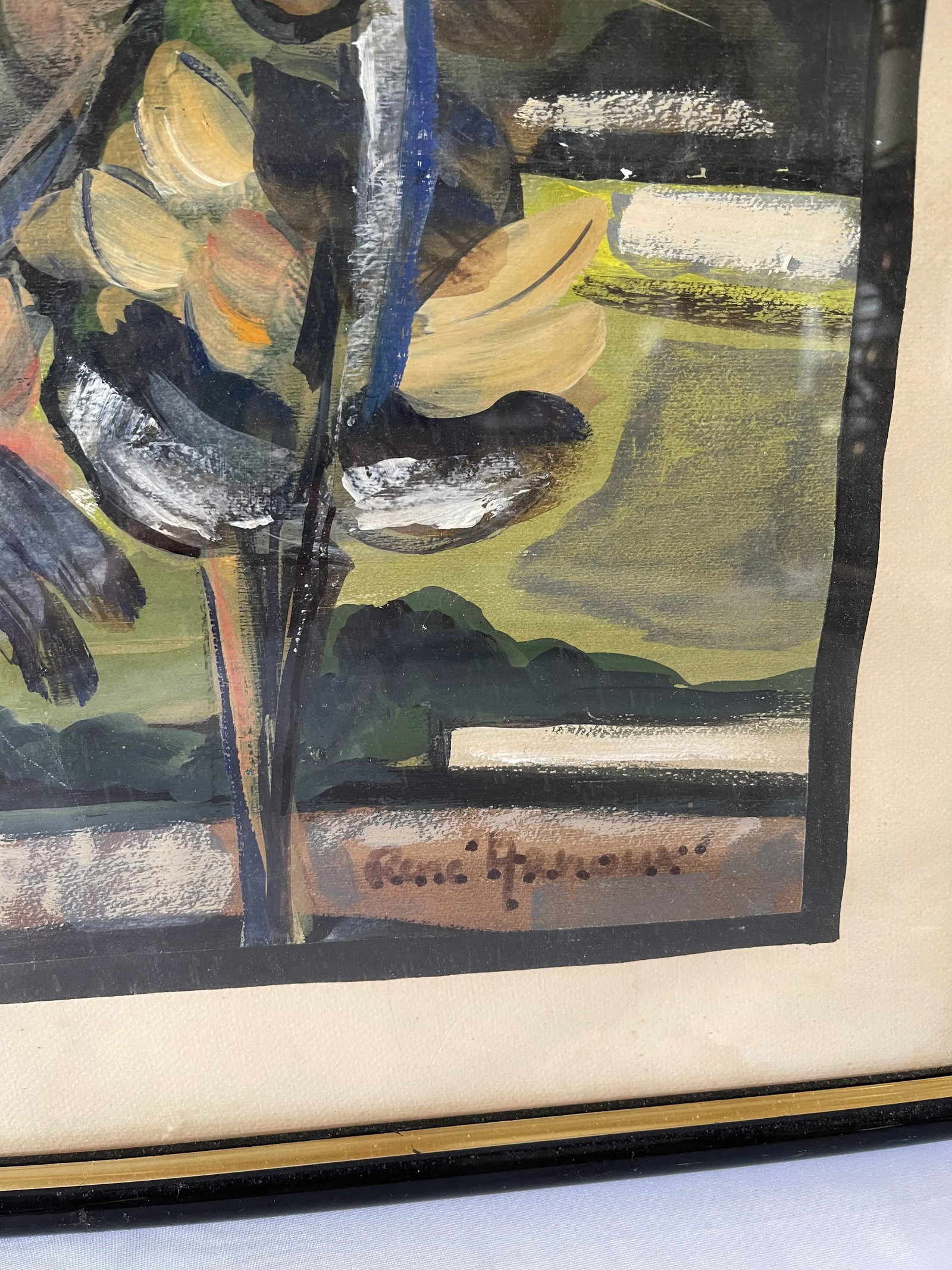 1980s Abstract Floral Still Life Watercolor Painting Signed Rene Haroux, Framed - 3