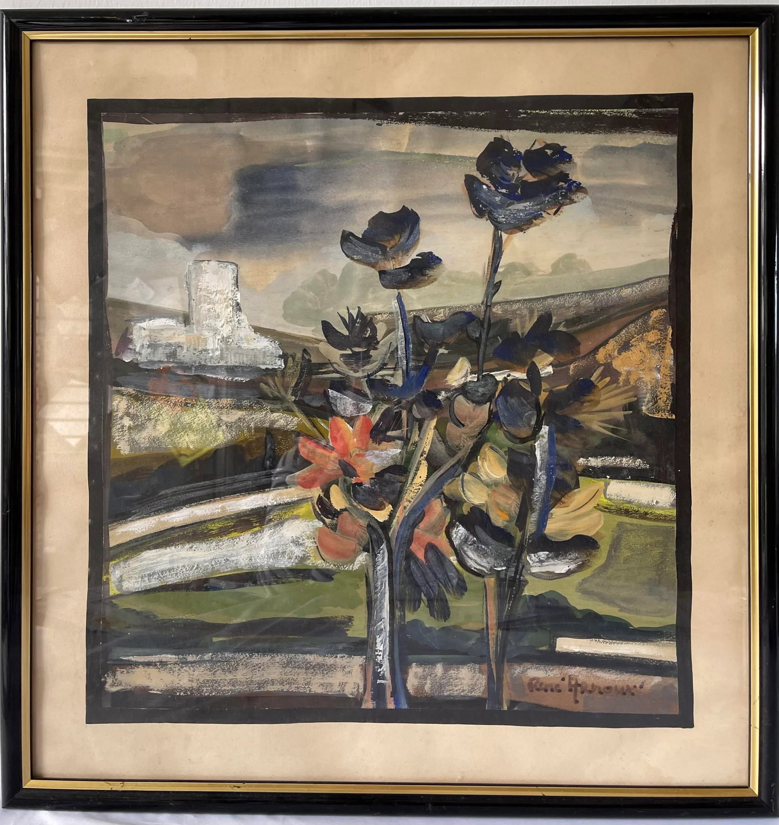 1980s Abstract Floral Still Life Watercolor Painting Signed Rene Haroux, Framed - 4