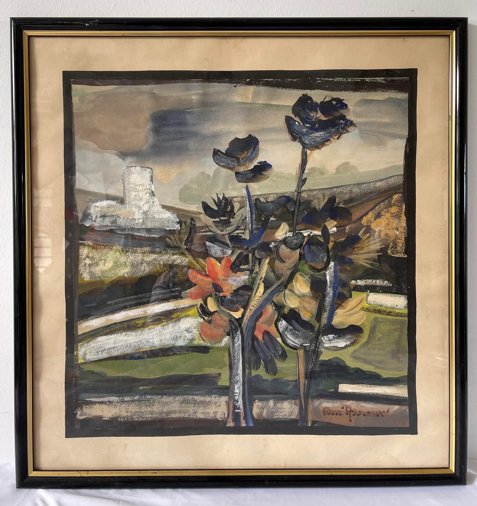 1980s Abstract Floral Still Life Watercolor Painting Signed Rene Haroux, Framed - 6