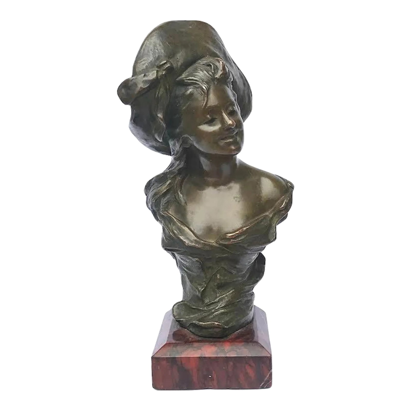 Antique French Art Nouveau Bronze Portrait of a Woman in a Hat by Georges Van Der Straiten: An original antique French Art Nouveau bronze statue of a glamorous woman c.1905. Bronze mounted to a marble base signed on verso with the stamp medallion of Original Bronzes Society Paris France.