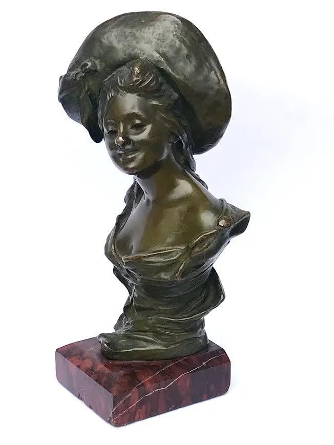 Antique French Art Nouveau Bronze Portrait of a Woman in a Hat by Georges Van Der Straiten - 2