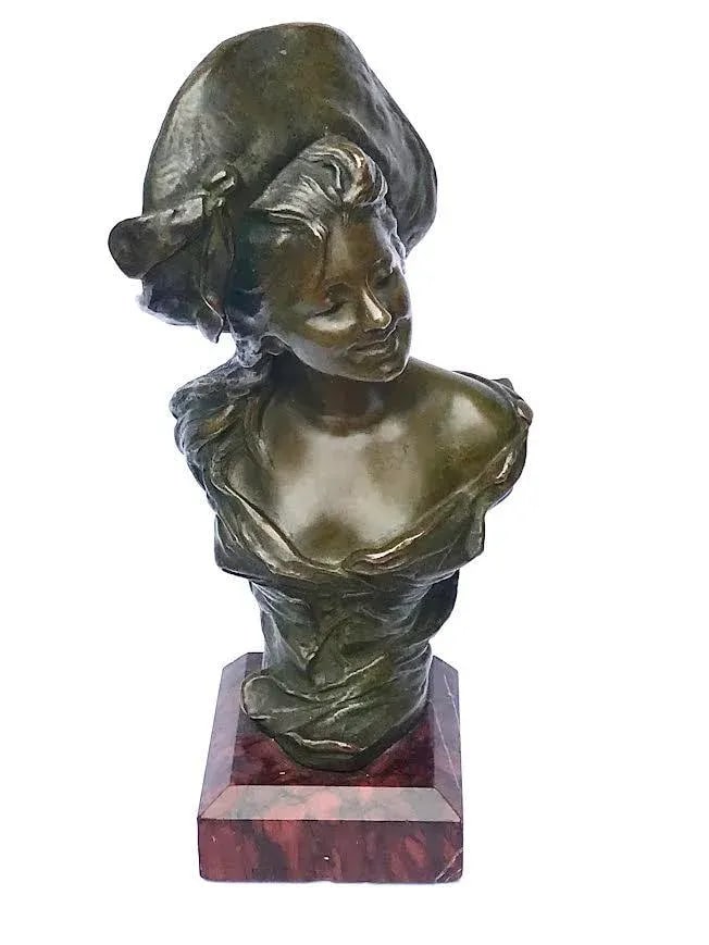 Antique French Art Nouveau Bronze Portrait of a Woman in a Hat by Georges Van Der Straiten - 3