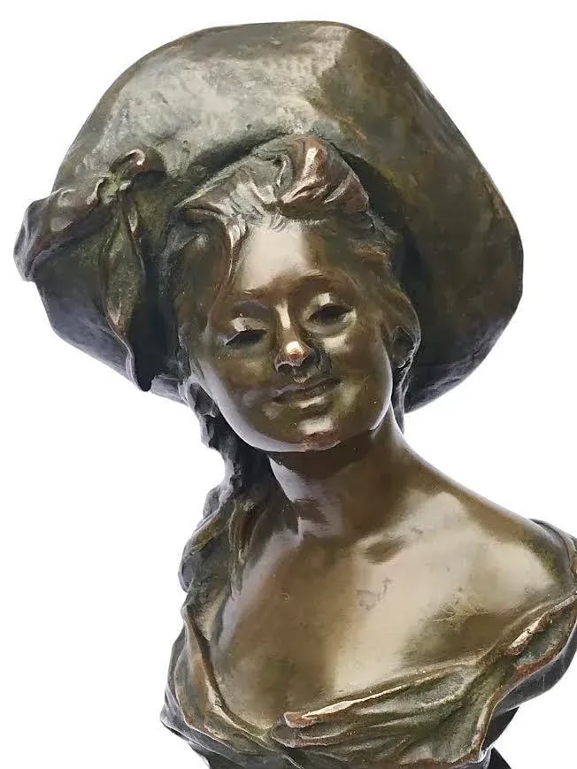 Antique French Art Nouveau Bronze Portrait of a Woman in a Hat by Georges Van Der Straiten - 6