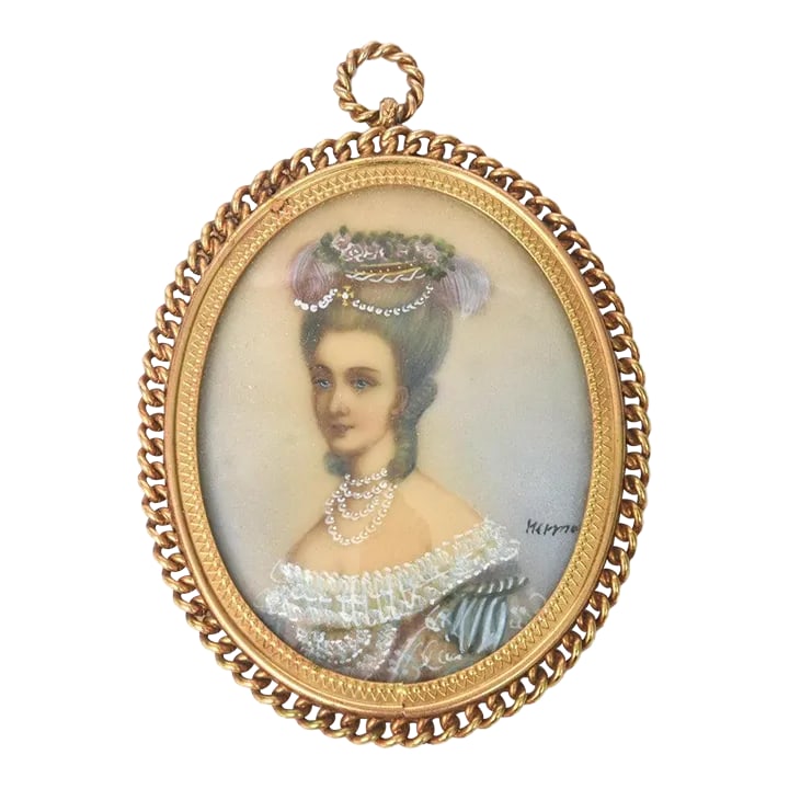 Antique Miniature Hand Painted Portrait Jeweled Nobel Woman Painting Gilt Frame: Elegant artist signed hand painted portrait of an aristocrat lady. The beautiful woman is wearing 4 strands of pearls and has additional pearls in her hair. She is wearing a floral hat and a blue and