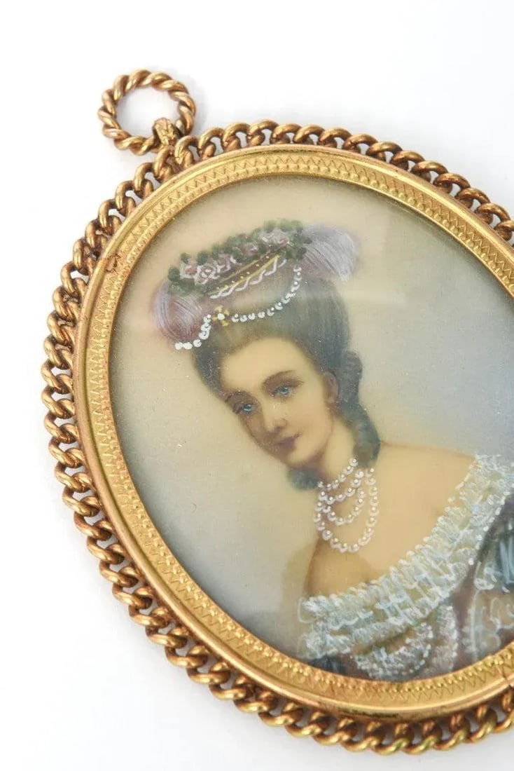 Antique Miniature Hand Painted Portrait Jeweled Nobel Woman Painting Gilt Frame - 2