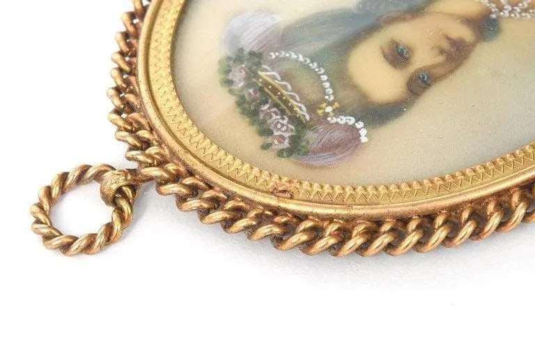 Antique Miniature Hand Painted Portrait Jeweled Nobel Woman Painting Gilt Frame - 3