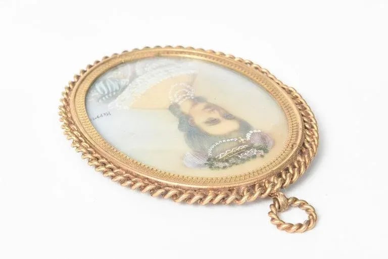 Antique Miniature Hand Painted Portrait Jeweled Nobel Woman Painting Gilt Frame - 4
