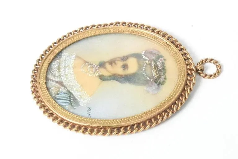 Antique Miniature Hand Painted Portrait Jeweled Nobel Woman Painting Gilt Frame - 6