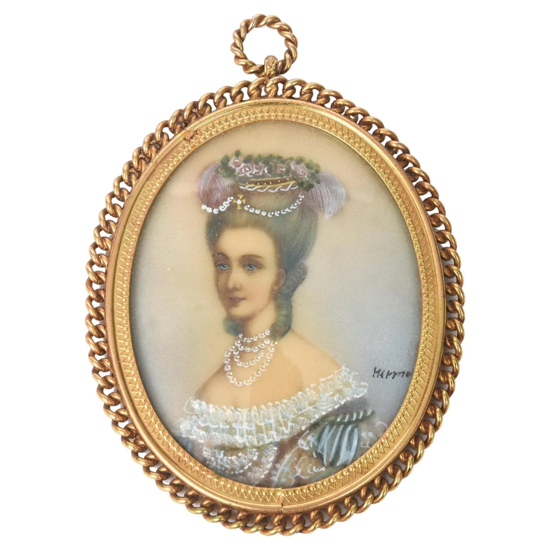 Antique Miniature Hand Painted Portrait Jeweled Nobel Woman Painting Gilt Frame - 8