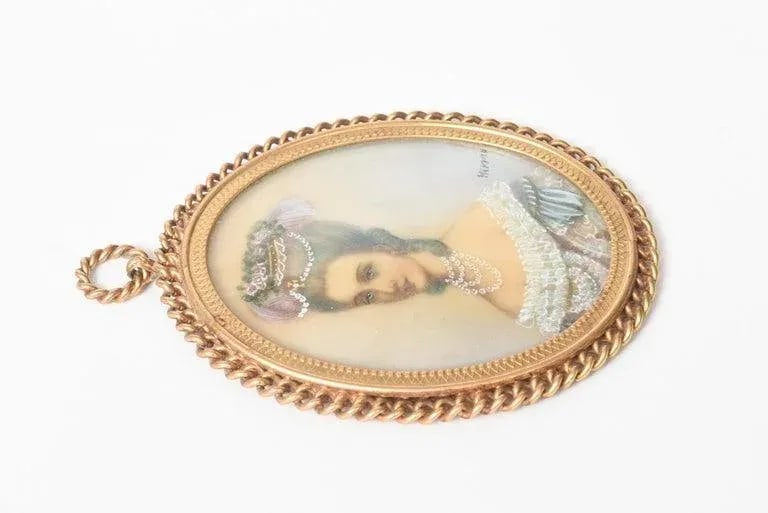 Antique Miniature Hand Painted Portrait Jeweled Nobel Woman Painting Gilt Frame - 9