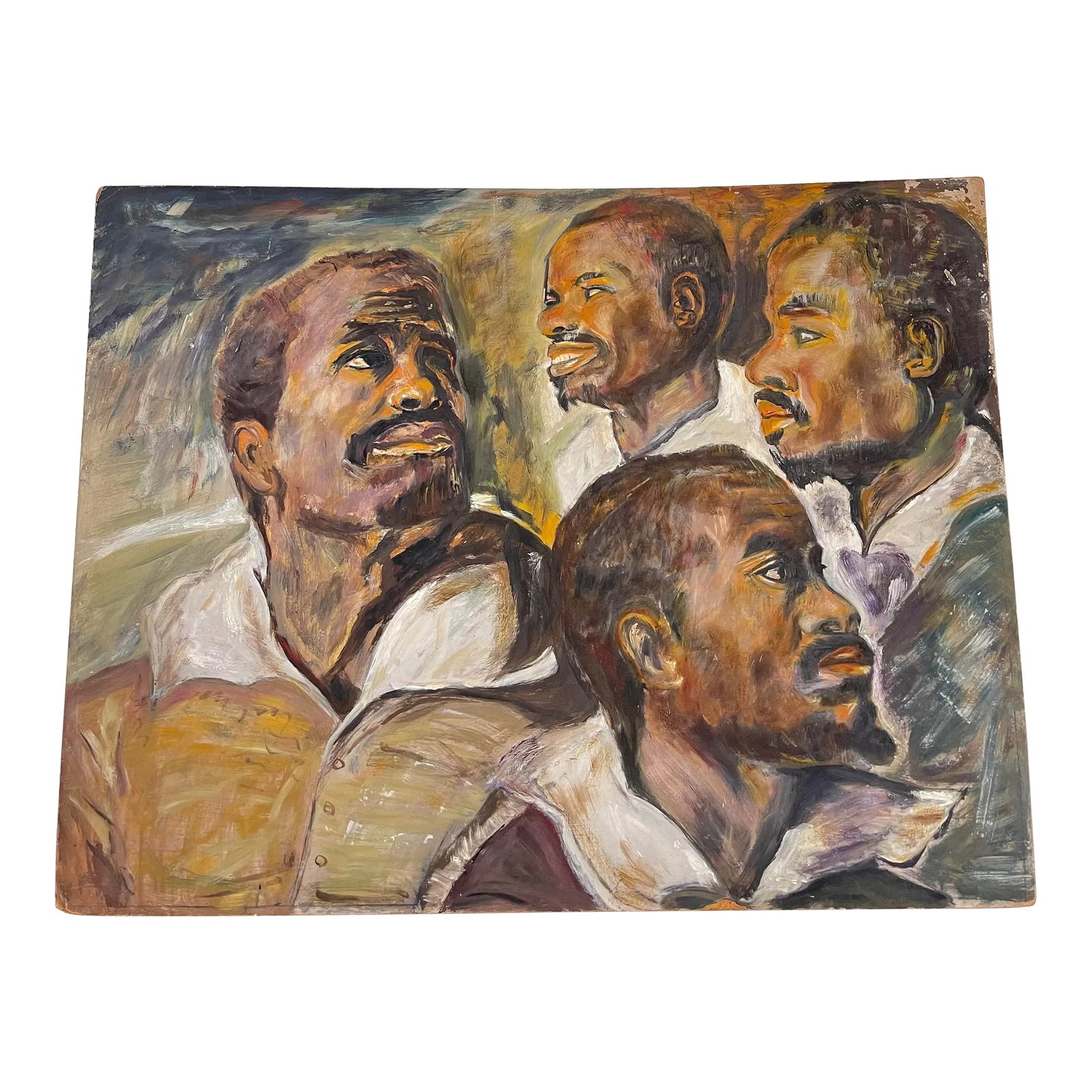 Mid 20th Century Expressionist Portrait Painting of Four African-American Men: Oil on isorel representing 4 African American is typical by its colors and don approach the topic of the 50s The 4 characters are a study of different profiles. Looks are supported by supported