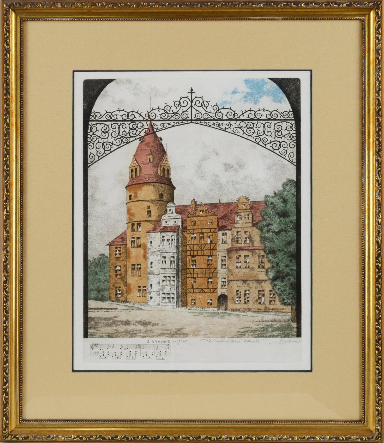 Mid 20th Century Brahms He, Dornheim Etching by Peter Garbera, Framed: Detailed etching of The Brahms House in Dornheim, Germany by Peter Garbera (Hungarian, b. 1946). Johannes Brahms (7 May 1833 - 3 April 1897) was a German composer, pianist, and conductor of the