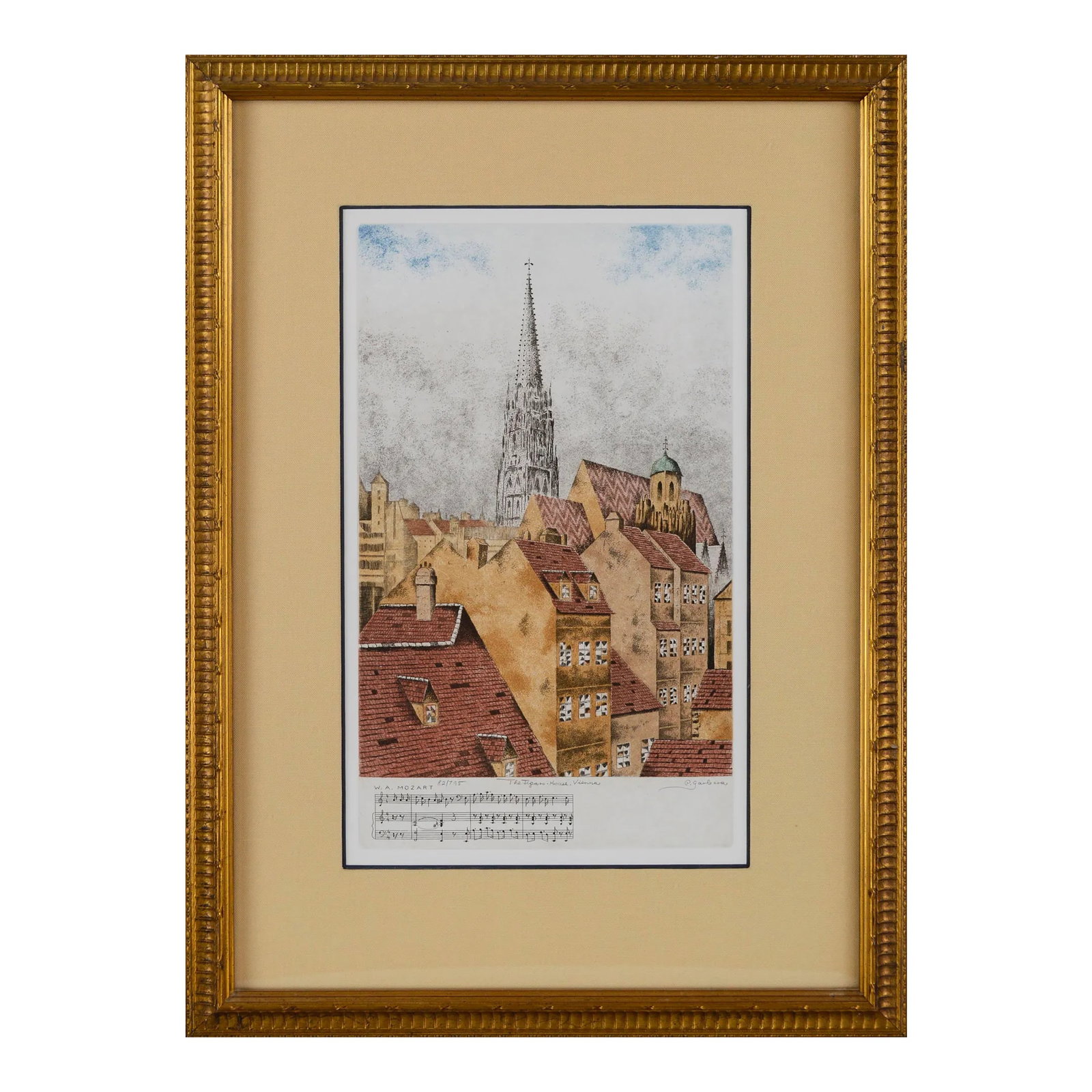 Mid 20th Century Mozart's Figaro House, Vienna Etching by Peter Garbera, Framed: Detailed etching of The Figaro House in Vienna, Austria by Peter Garbera (Hungarian, b. 1946). Now known as the The Mozarthaus, it was Mozart's Vienna residence from 1784 to 1787. This building in