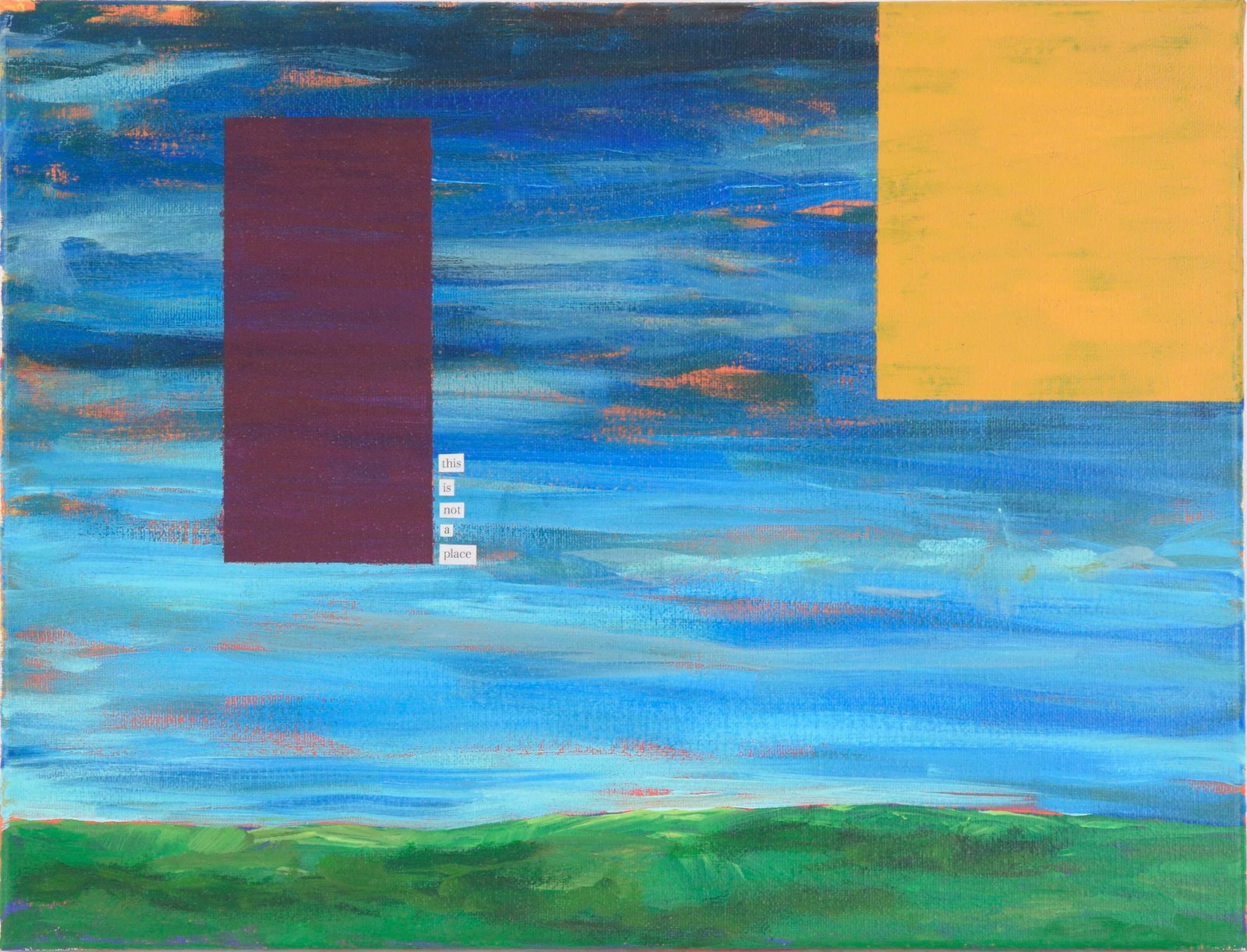 "This Is Not a Place" (I) - Abstracted Landscape by Devon Brockopp-Hammer: Abstracted landscape by California artist Devon Brockopp-Hammer (American, b. 1986). The bold orange underpaint has been allowed to peek through the composition, adding a glowing effect to the piece.