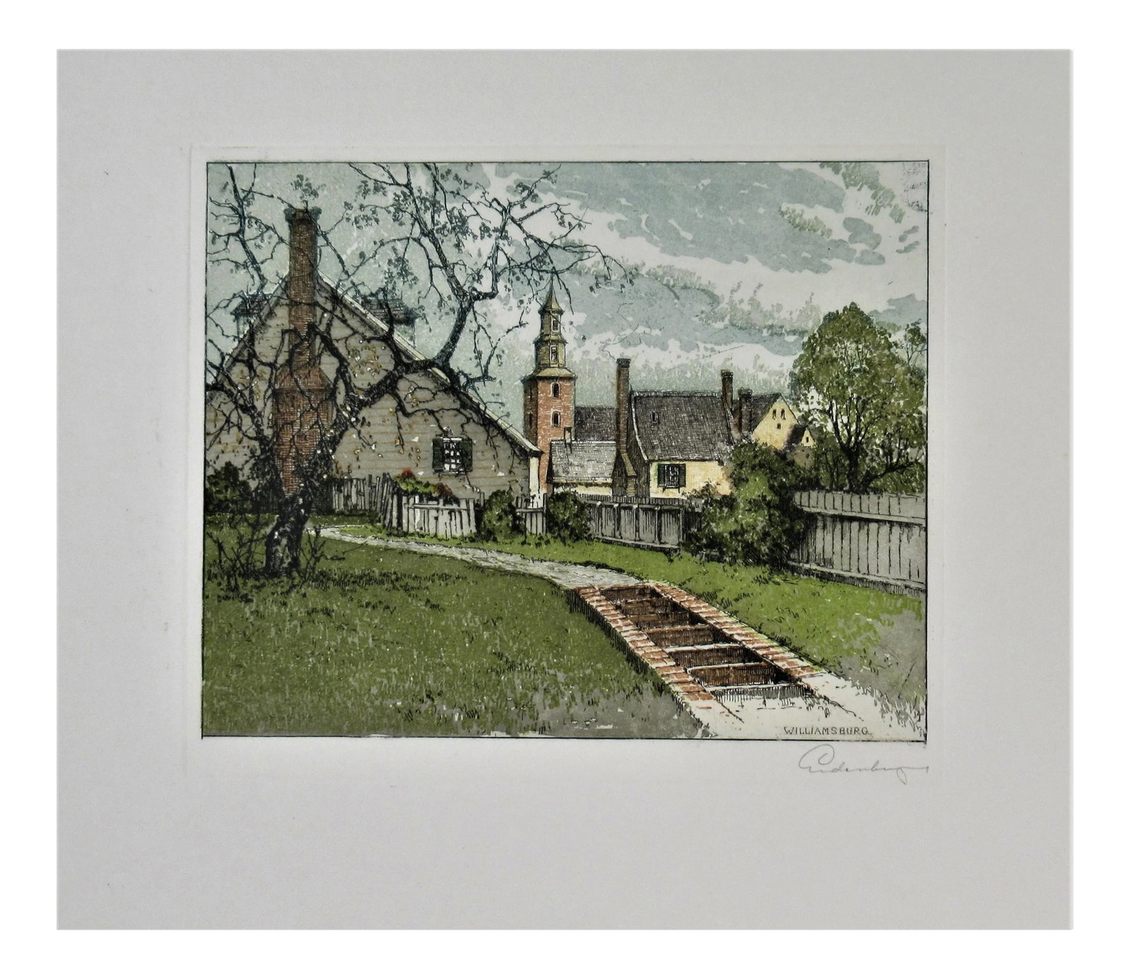 Josef Eidenberger, Williamsburg, 1974: This artwork titled "Williamsburg" c.1974 is a color etching on Wove paper by noted Austrian artist Josef Eidenberger, 1899-1991. It is hand signed in pencil by the artist. Published/printed by