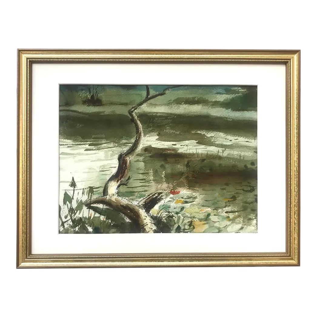 Vintage American Impressionist Watercolor Painting of a Lake by Harry Barton: Vintage American impressionist watercolor painting of a lake in a wooded landscape by Harry Barton signed with the artists estate on verso. Presented framed in a quality contemporary gallery frame