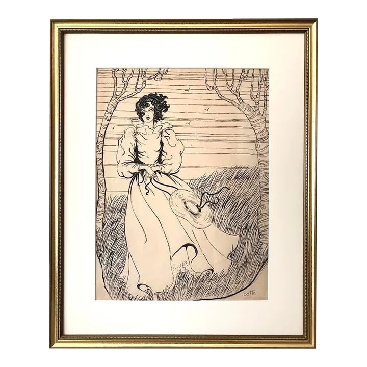 Vintage Art Deco Era Fashion Design Pen and Ink Circa 1930s Signed Bette: Vintage original pen and ink fashion drawing of a woman in a long dress with hat. Ink on paper signed lower right Bette. A 1930s era Hollywood fashion design artist. Presented matted and framed in a