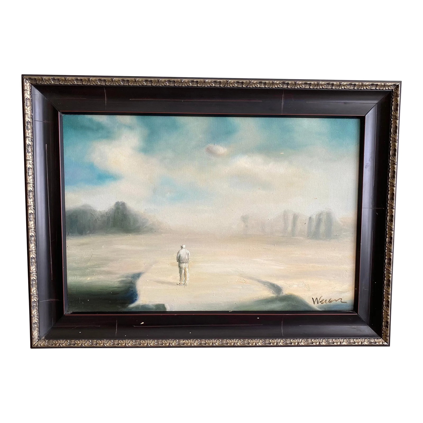 Vintage Surrealist Figurative Landscape Style Oil Painting, Framed: Vintage surrealist landscape painting. Oil on linen canvas measures 12" x 18", and with the frame, 16" x 22". Signed. Condition: Alterations: Original Condition Unaltered Imperfections: Some