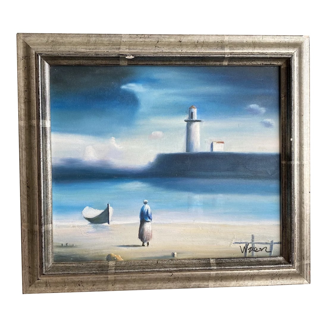 Vintage Surrealist Style Beach Scene Oil Painting, Framed: Vintage surrealist style painting. Oil on linen canvas measures 12" x 14", and with the frame, 15" x 17". Signed. Condition: Alterations: Original Condition Unaltered Imperfections: Some Imperfections